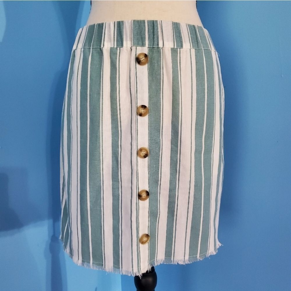 Umgee Dusty Teal/White Striped Button Detail Elastic Waist Skirt